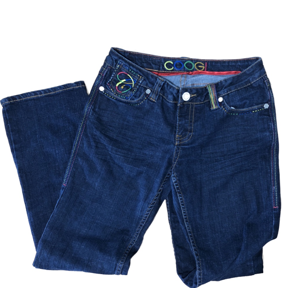 COOGI Womens‎ Jeans Rainbow Thread Dark Wash Denim Boot Cut Size 11/12 Y2K Style
